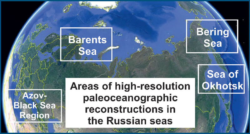Areas of paleooceanographic reconstructions in Russian seas