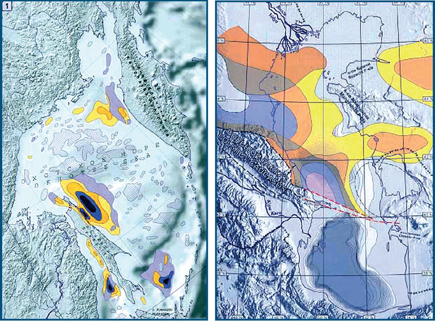 Map of oil and gas formation areas calculated for stratigraphic systemsof the Okhotsk Sea and the Caspian Sea