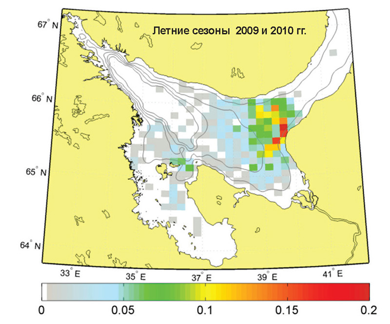 Number ofradar images with surface manifestations ofpackets of short-period internal waves relative to the total numberofimages in the White Sea during the summers of2009-2010 015