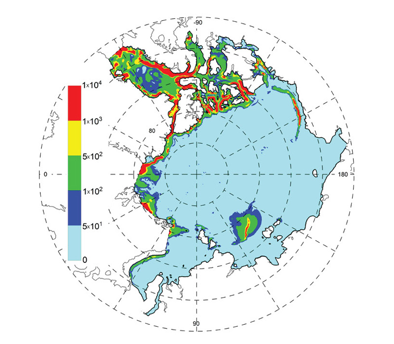 Averaged (over a tidal period) integral (in depth) density of baroclinic tidal energy  in the Arctic Ocean
