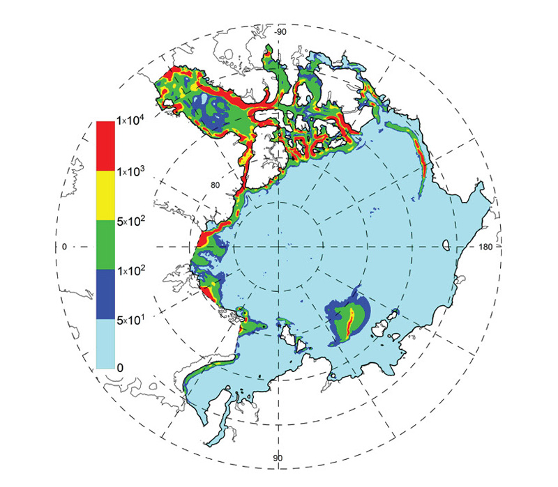 Averaged (over a tidal period) integral (in depth) density of baroclinic tidal energy in the Arctic Ocean Averaged (over a tidal period) integral (in depth) density of baroclinic tidal energy in the Arctic Ocean