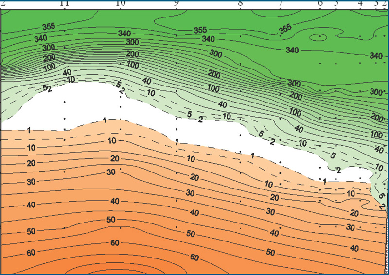 Distribution of oxygen and hydrogen sulfide (?M) in the 100-mile section Gelendzhik - the center of the sea 023