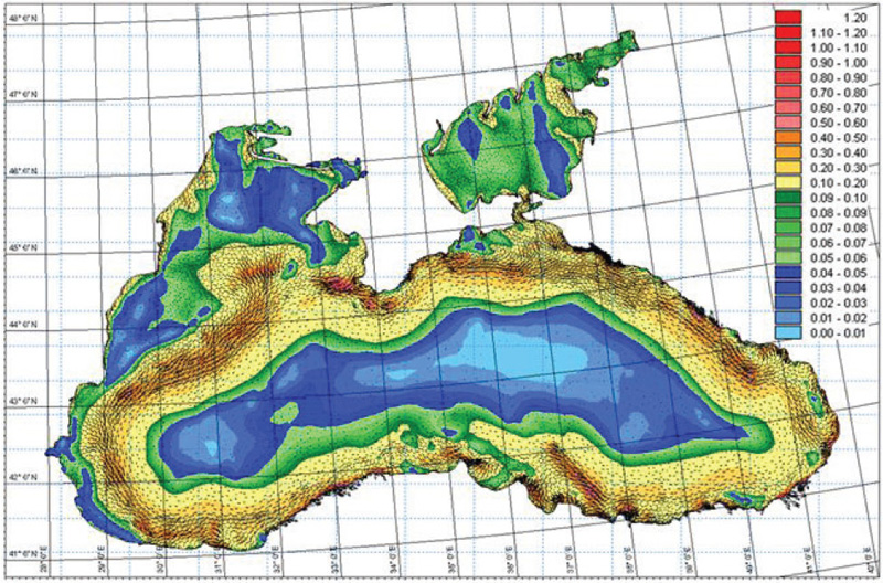 Results of numerical calculations of surface currents (m / s) according to the combined model of the Black and Azov seas (05.00 GMT, 05.03.2013)