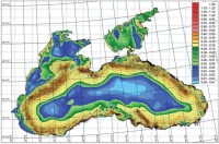 Результаты численных расчетов поверхностных течений (м/с) по объединенной модели Черного и Азовского морей (05.00 GMT, 05.03.2013 г)