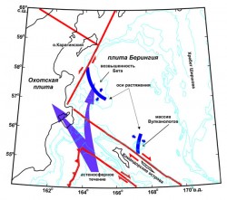 Рис. 4. Геодинамическая модель Командорской котловины с наличием двух осей растяжения с магматической/вулканической активностью, возникающих на сдвиговых границах плиты Берингия.